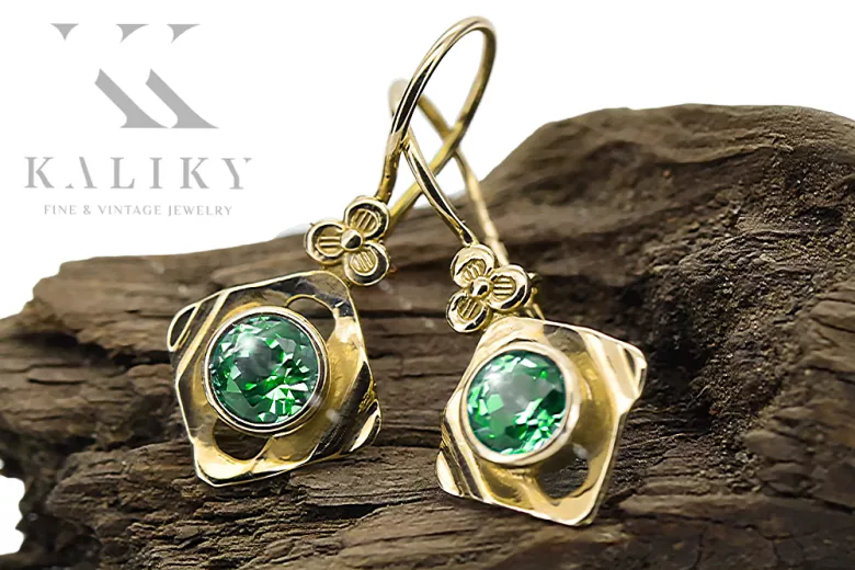 14 كارت من الذهب الأصفر 585 Emerald أقراط vec017y-em روسي سوفيتي الاتحاد السوفيتي حرف يدوية فينتاج آرت ديكو style Art Deco