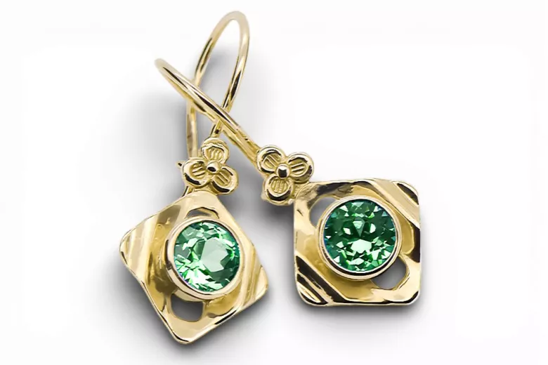 Kolczyki z żółtego 14k złota 585 z Szmaragdem vec017y-em Rosyjski Styl Vintage Art Deco