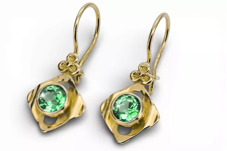 14 كارت من الذهب الأصفر 585 Emerald أقراط vec017y-em روسي سوفيتي الاتحاد السوفيتي حرف يدوية فينتاج آرت ديكو style Art Deco