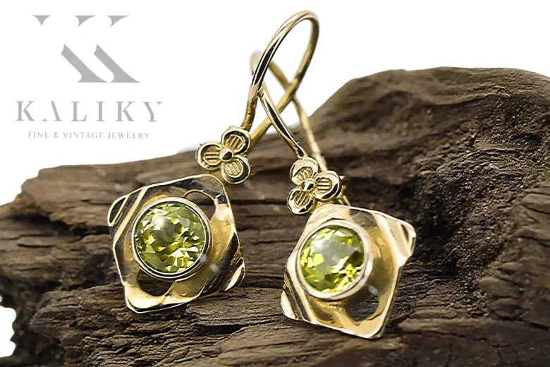 Oro amarillo de 14 quilates 585 Yellow Peridot pendientes vec017y-yp Ruso Soviético URSS Artesanía vintage Art Deco style