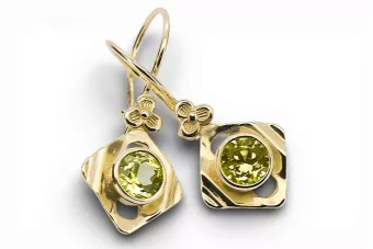 Oro amarillo de 14 quilates 585 Yellow Peridot pendientes vec017y-yp Ruso Soviético URSS Artesanía vintage Art Deco style