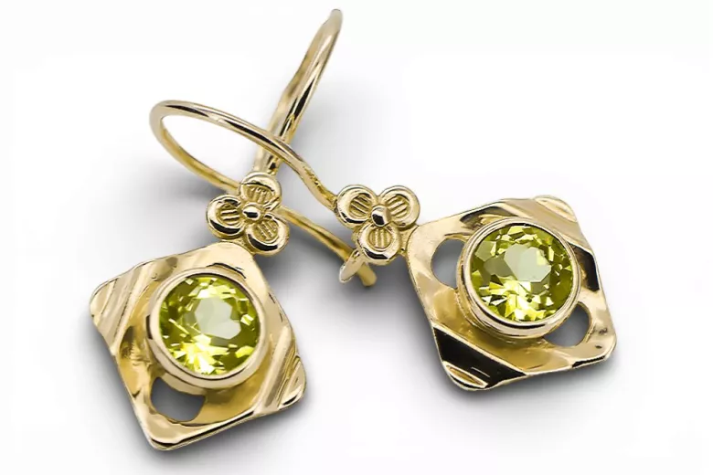 14K жълто злато 585 Yellow Peridot Обеци vec017y-yp Руски Съветски СССР Винтидж Ар-деко style Art Deco