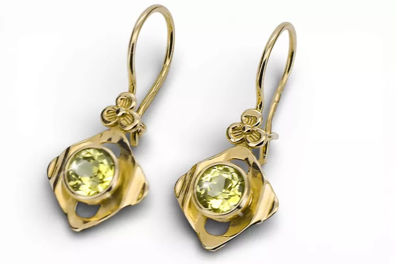 Yellow 14k gold 585 Yellow Peridot earrings vec017y-yp Russian Soviet USSR Vintage Art Deco style