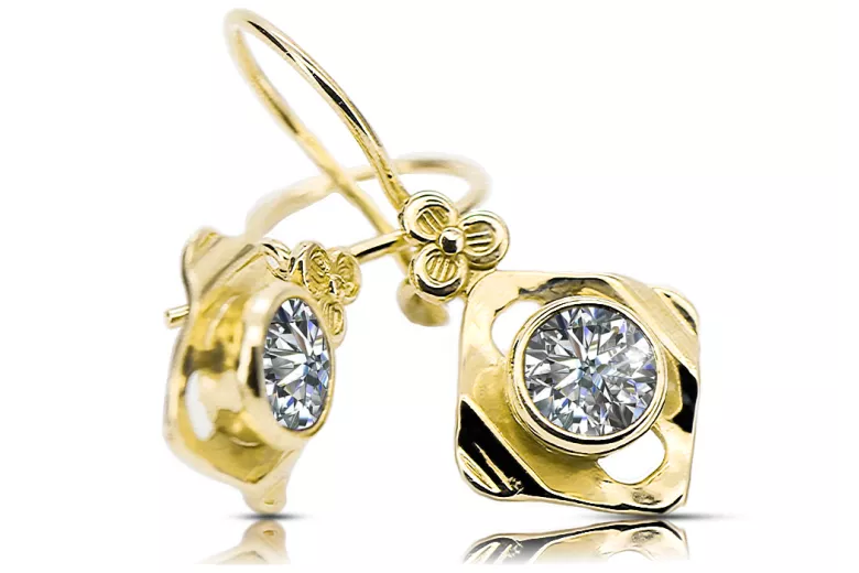 Or jaune 14 carats 585 Zircon des boucles d'oreilles vec017y-zi Russe Soviétique URSS Bijoux vintage Art Deco style
