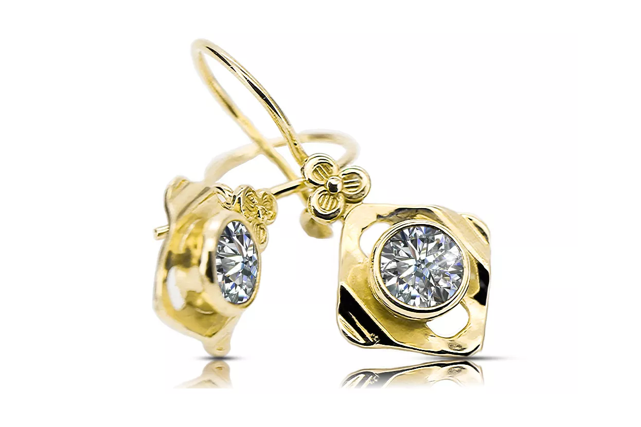 Or jaune 14 carats 585 Zircon des boucles d'oreilles vec017y-zi Russe Soviétique URSS Bijoux vintage Art Deco style