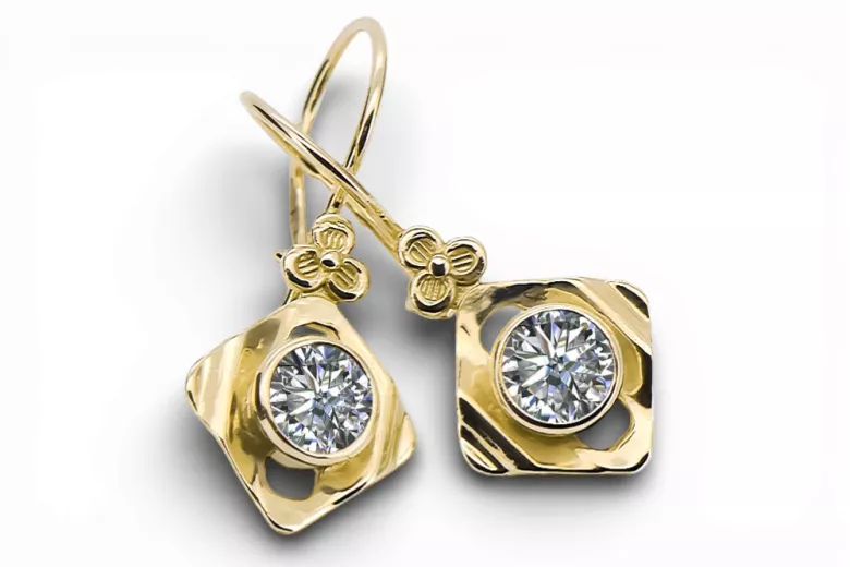 Or jaune 14 carats 585 Zircon des boucles d'oreilles vec017y-zi Russe Soviétique URSS Bijoux vintage Art Deco style