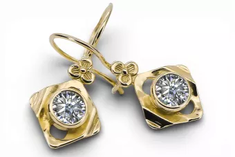 Oro amarillo de 14 quilates 585 Zircon pendientes vec017y-zi Ruso Soviético URSS Joyería vintage Art Deco style