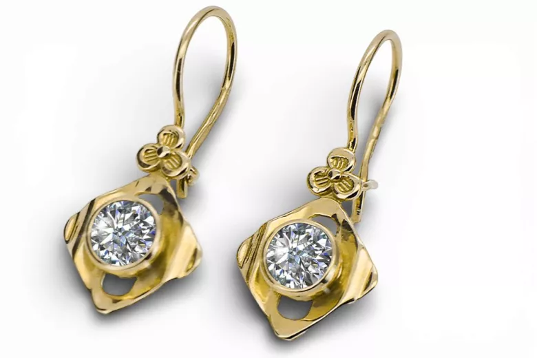 Or jaune 14 carats 585 Zircon des boucles d'oreilles vec017y-zi Russe Soviétique URSS Bijoux vintage Art Deco style