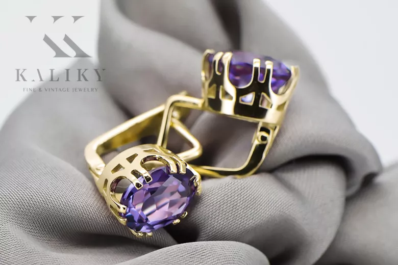 Kolczyki z żółtego 14k złota 585 z Aleksandrytem vec016y-ax ZSRR styl Vintage Biżuteria Art Deco