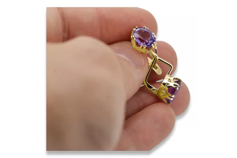 Or jaune 14 carats 585 Alexandrite des boucles d'oreilles vec016y-ax Russe Soviétique URSS Vintage Art Deco style