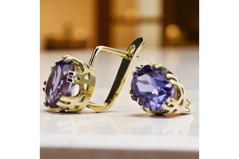 Or jaune 14 carats 585 Alexandrite des boucles d'oreilles vec016y-ax Russe Soviétique URSS Vintage Art Deco style