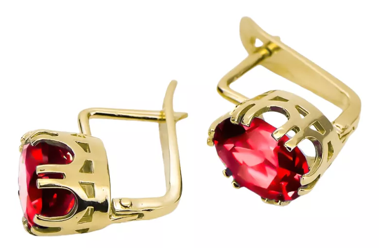 Oro amarillo de 14 quilates 585 Ruby pendientes vec016y-rb Ruso Soviético URSS Artesanía vintage Art Deco style