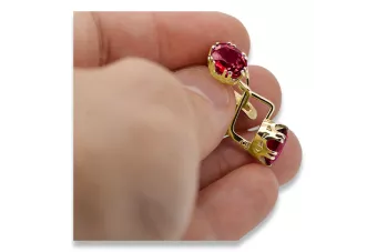 Or jaune 14 carats 585 Ruby des boucles d'oreilles vec016y-rb Russe Soviétique URSS Vintage Art Deco style