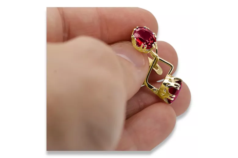 Oro amarillo de 14 quilates 585 Ruby pendientes vec016y-rb Ruso Soviético URSS Artesanía vintage Art Deco style