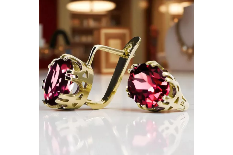 14k geltonas auksas 585 Ruby auskarai vec016y-rb Rusų Tarybinis TSRS Vintage Art Deco style Sovietinis vintažo papuošalų stilius