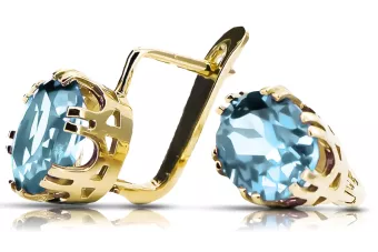 Oro amarillo de 14 quilates 585 Aquamarine pendientes vec016y-aq Ruso Soviético URSS Artesanía vintage Art Deco style