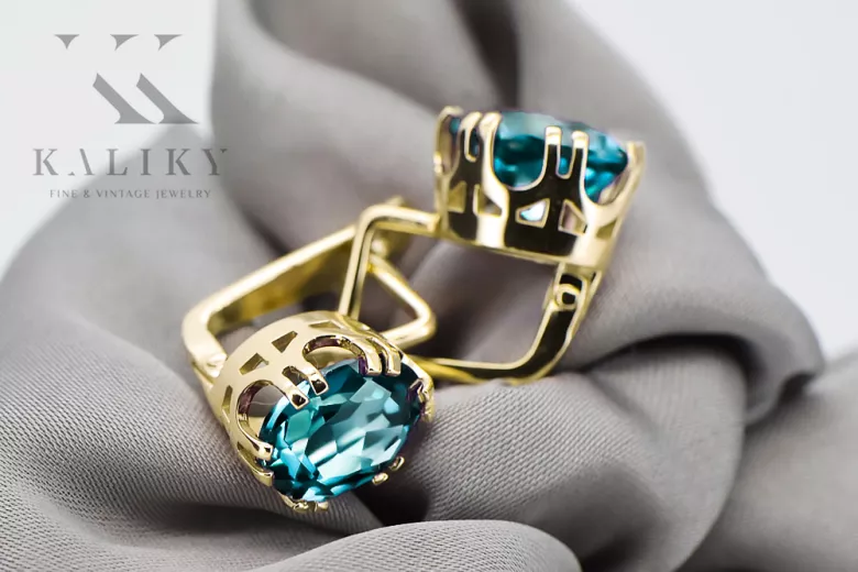 14k žluté zlato 585 Aquamarine náušnice vec016y-aq Russian Soviet USSR Vintage craft Art Deco style