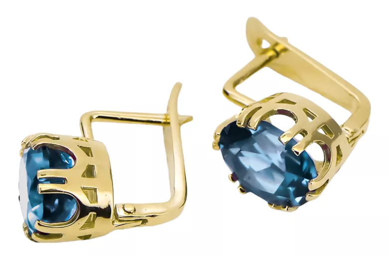 Or jaune 14 carats 585 Aquamarine des boucles d'oreilles vec016y-aq Russe Soviétique URSS Style vintage Art Deco style