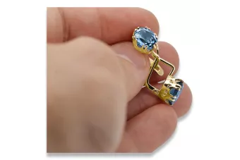 Aur galben 14K 585 Aquamarine cercei vec016y-aq Rusesc Sovietic URSS Vintage bijuterii Art Deco style