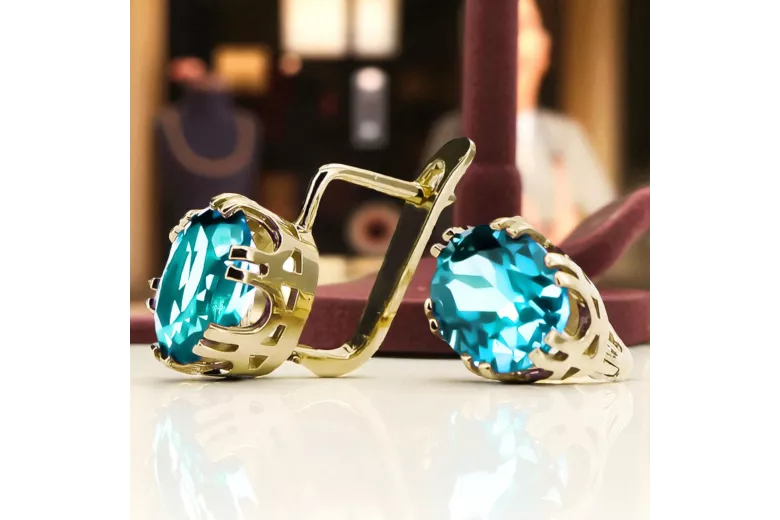 Yellow 14k gold 585 Aquamarine earrings vec016y-aq Russian Soviet USSR Vintage craft Art Deco style
