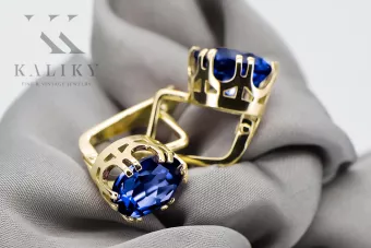 Or jaune 14 carats 585 Sapphire des boucles d'oreilles vec016y-sp Russe Soviétique URSS Artisanat vintage Art Deco style