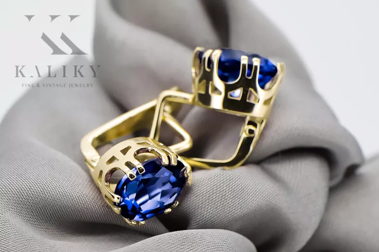 14 كارت من الذهب الأصفر 585 Sapphire أقراط vec016y-sp روسي سوفيتي الاتحاد السوفيتي مجوهرات فينتاج آرت ديكو style Art Deco