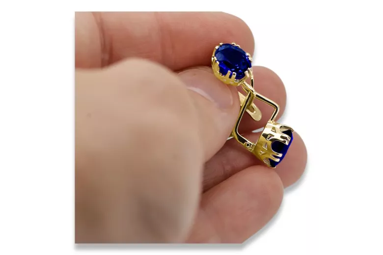 Yellow 14k gold 585 Sapphire earrings vec016y-sp Russian Soviet USSR Vintage style Art Deco style