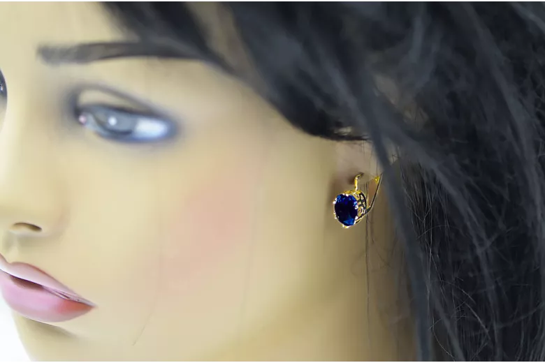 14 كارت من الذهب الأصفر 585 Sapphire أقراط vec016y-sp روسي سوفيتي الاتحاد السوفيتي مجوهرات فينتاج آرت ديكو style Art Deco