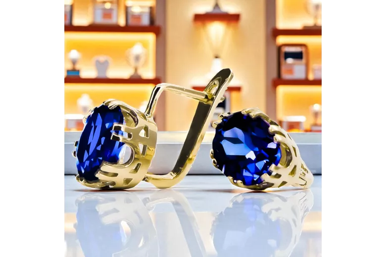 Yellow 14k gold 585 Sapphire earrings vec016y-sp Russian Soviet USSR Vintage style Art Deco style
