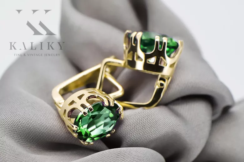 14K жълто злато 585 Emerald Обеци vec016y-em Руски Съветски СССР Винтидж бижута Ар-деко style Art Deco