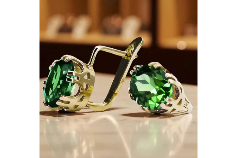 14-ка/желтое золото 585 Emerald Серьги vec016y-em Русский Советский СССР Винтаж стиль Ар-деко style Art Deco