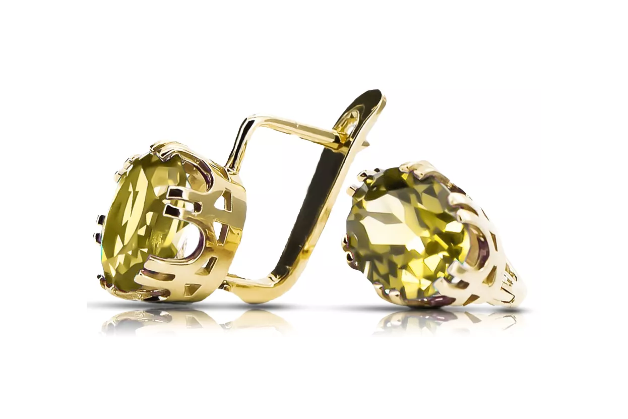Or jaune 14 carats 585 Yellow Peridot des boucles d'oreilles vec016y-yp Russe Soviétique URSS Style vintage Art Deco style