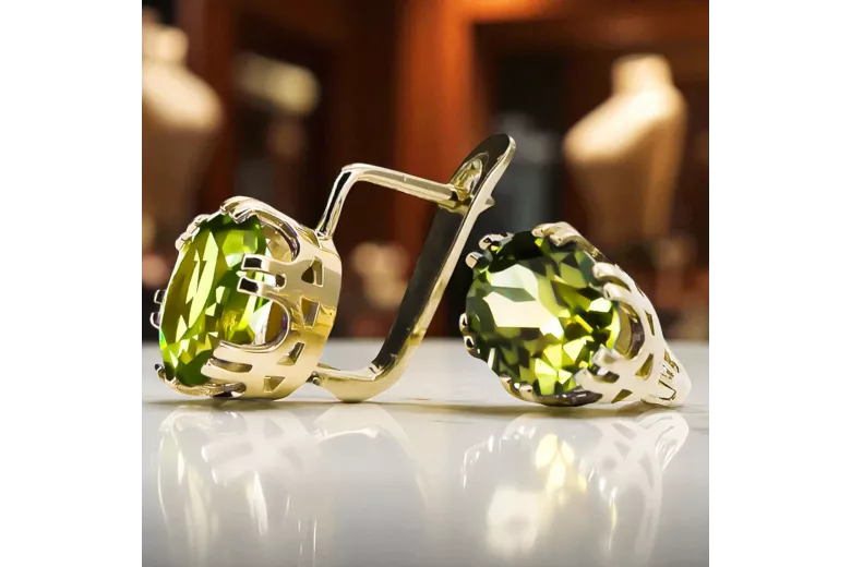 Aur galben 14K 585 Yellow Peridot cercei vec016y-yp Rusesc Sovietic URSS Vintage bijuterii Art Deco style
