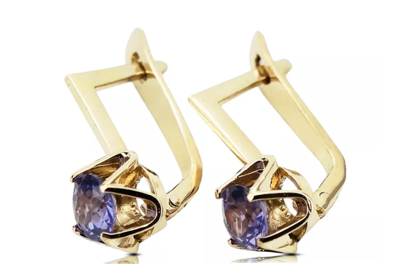 Or jaune 14 carats 585 Alexandrite des boucles d'oreilles vec005y-ax Russe Soviétique URSS Artisanat vintage Art Deco style