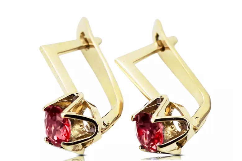 Oro amarillo de 14 quilates 585 Ruby pendientes vec005y-rb Ruso Soviético URSS Joyería vintage Art Deco style