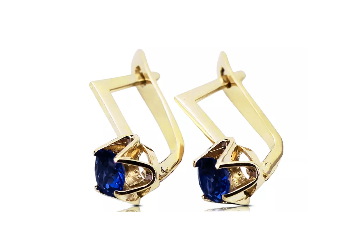 Yellow 14k gold 585 Sapphire earrings vec005y-sp Russian Soviet USSR Vintage craft Art Deco style