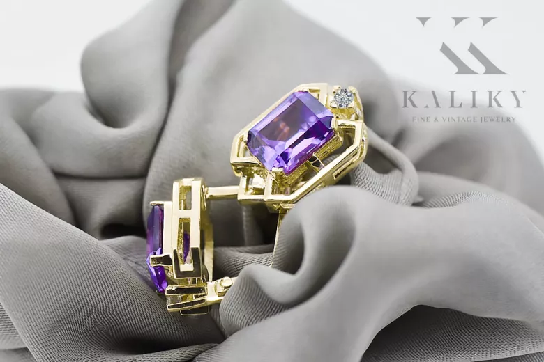 Kolczyki z żółtego 14k złota 585 z Aleksandrytem vec020y-ax ZSRR styl Vintage unikatowe Art Deco