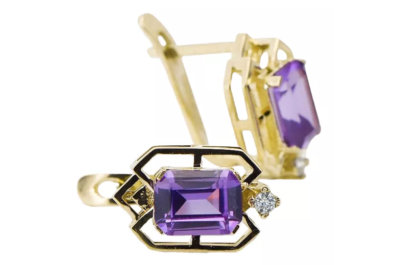 14K жълто злато 585 Alexandrite Обеци vec020y-ax Руски Съветски СССР Винтидж стил Ар-деко style Art Deco
