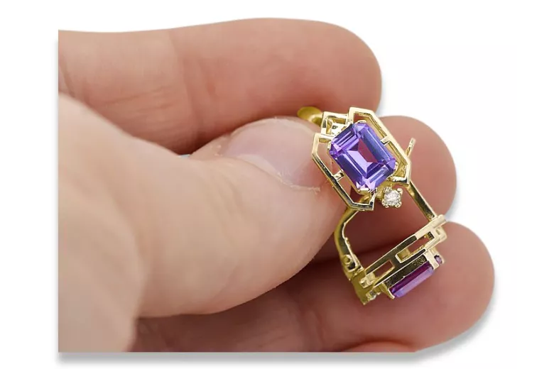 Kolczyki z żółtego 14k złota 585 z Aleksandrytem vec020y-ax ZSRR styl Vintage unikatowe Art Deco