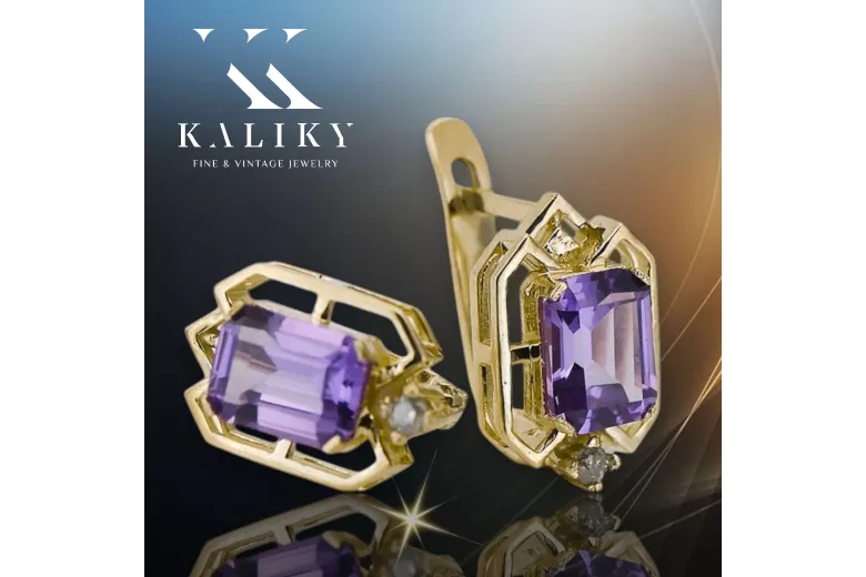 14k geltonas auksas 585 Alexandrite auskarai vec020y-ax Rusų Tarybinis TSRS Vintažiniai papuošalai Art Deco style Rusiškas SSRS 
