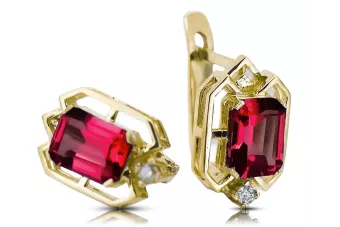 14k geltonas auksas 585 Ruby auskarai vec020y-rb Rusų Tarybinis TSRS Vintažinis stilius Art Deco style Rusiškas sovietinis SSRS 