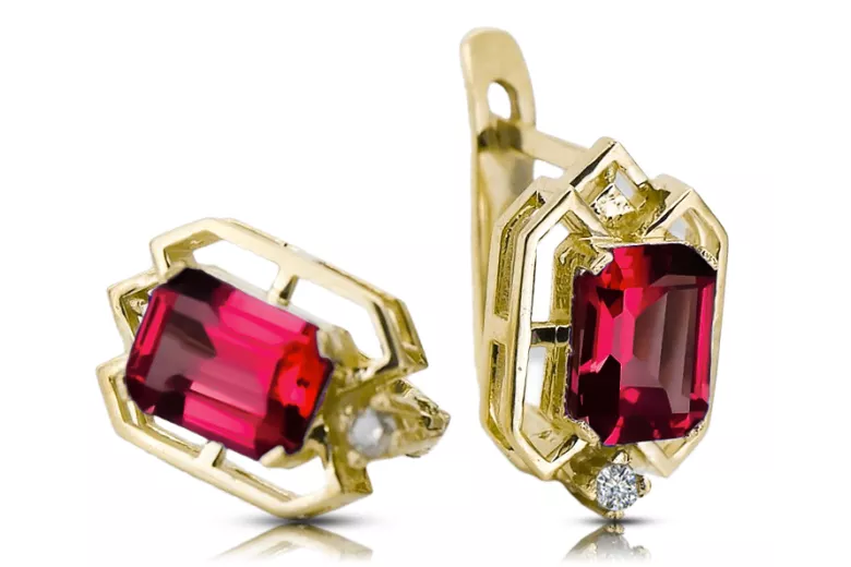 14k geltonas auksas 585 Ruby auskarai vec020y-rb Rusų Tarybinis TSRS Vintažinis stilius Art Deco style Rusiškas sovietinis SSRS 