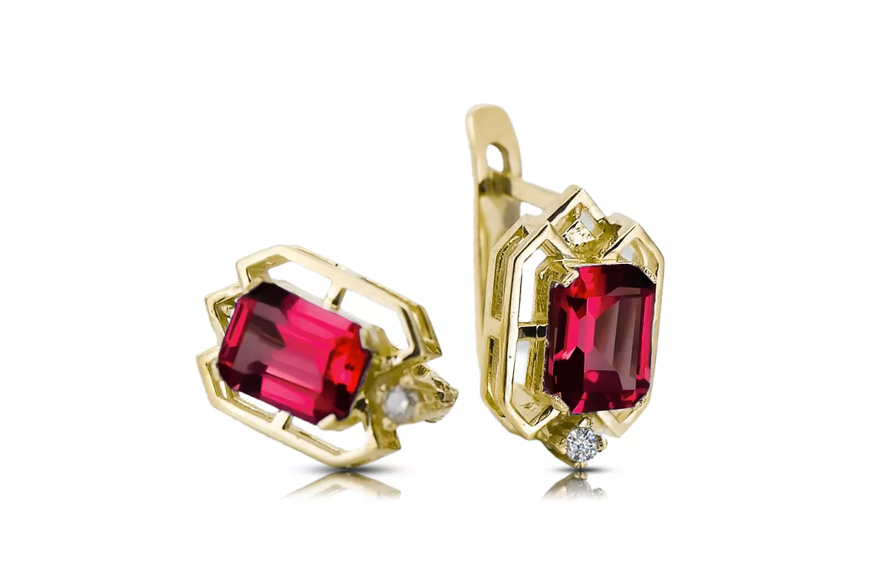 14k geltonas auksas 585 Ruby auskarai vec020y-rb Rusų Tarybinis TSRS Vintažinis stilius Art Deco style Rusiškas sovietinis SSRS 