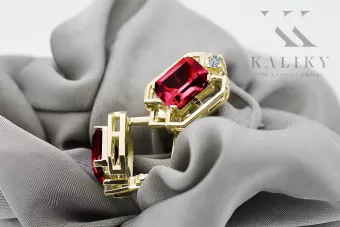 Or jaune 14 carats 585 Ruby des boucles d'oreilles vec020y-rb Russe Soviétique URSS Style vintage Art Deco style