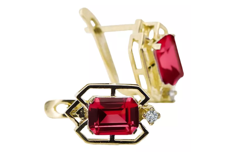14k geltonas auksas 585 Ruby auskarai vec020y-rb Rusų Tarybinis TSRS Vintažinis stilius Art Deco style Rusiškas sovietinis SSRS 