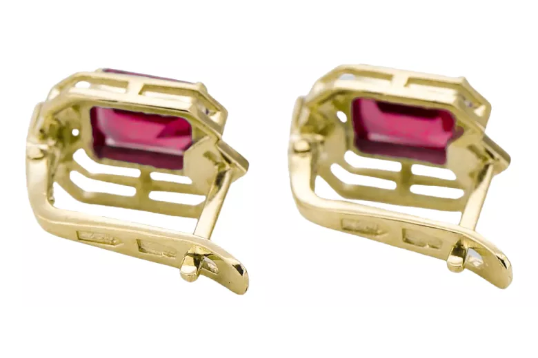 Yellow 14k gold 585 Ruby earrings vec020y-rb Russian Soviet USSR Vintage Jewelry Art Deco style