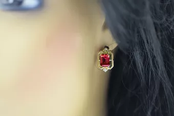 Aur galben 14K 585 Ruby cercei vec020y-rb Rusesc Sovietic URSS Vintage Art Deco style