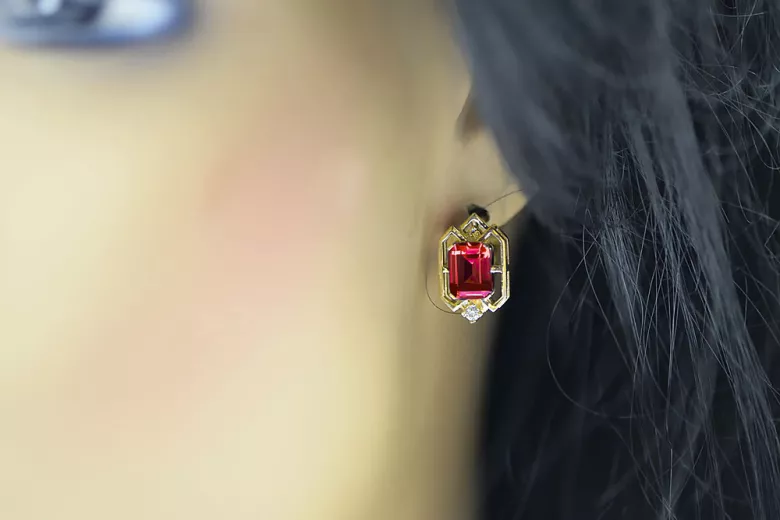 Oro amarillo de 14 quilates 585 Ruby pendientes vec020y-rb Ruso Soviético URSS Joyería vintage Art Deco style