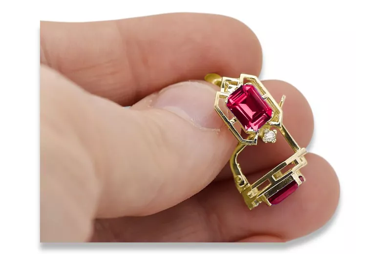 14k geltonas auksas 585 Ruby auskarai vec020y-rb Rusų Tarybinis TSRS Vintažinis stilius Art Deco style Rusiškas sovietinis SSRS 