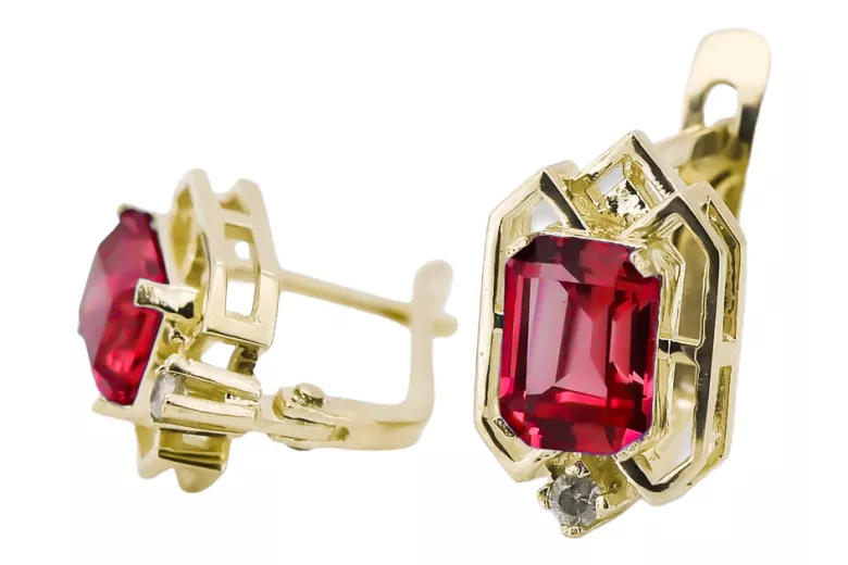 14k geltonas auksas 585 Ruby auskarai vec020y-rb Rusų Tarybinis TSRS Vintažinis stilius Art Deco style Rusiškas sovietinis SSRS 